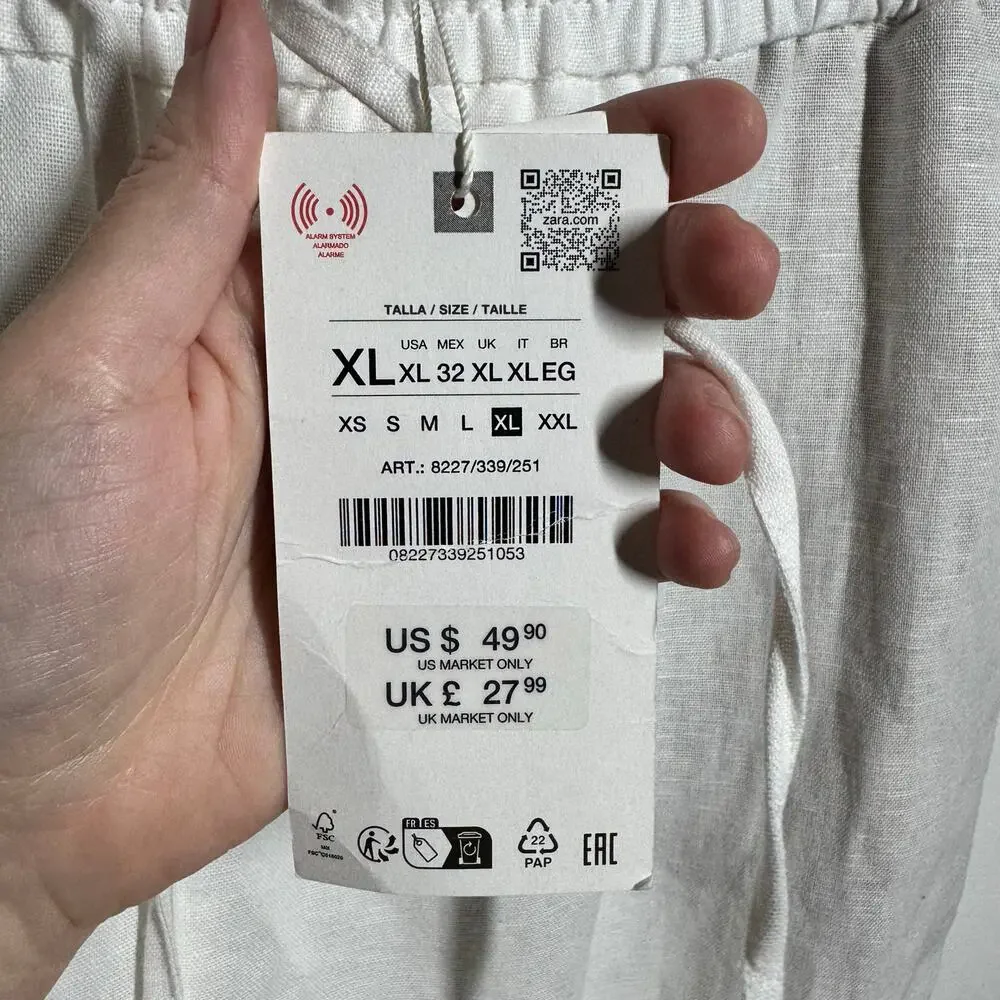 Zara Linen Wide Leg Pull On Pant Women XL White Coastal Beach Minimal Vacation